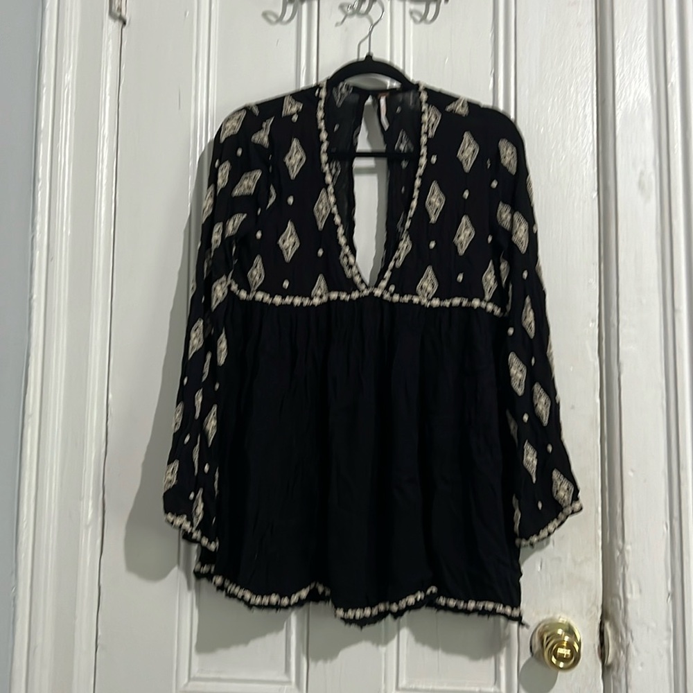 FREE PEOPLE BELL SLEEVE EMBROIDERED BLACK TUNIC DRESS SMALL